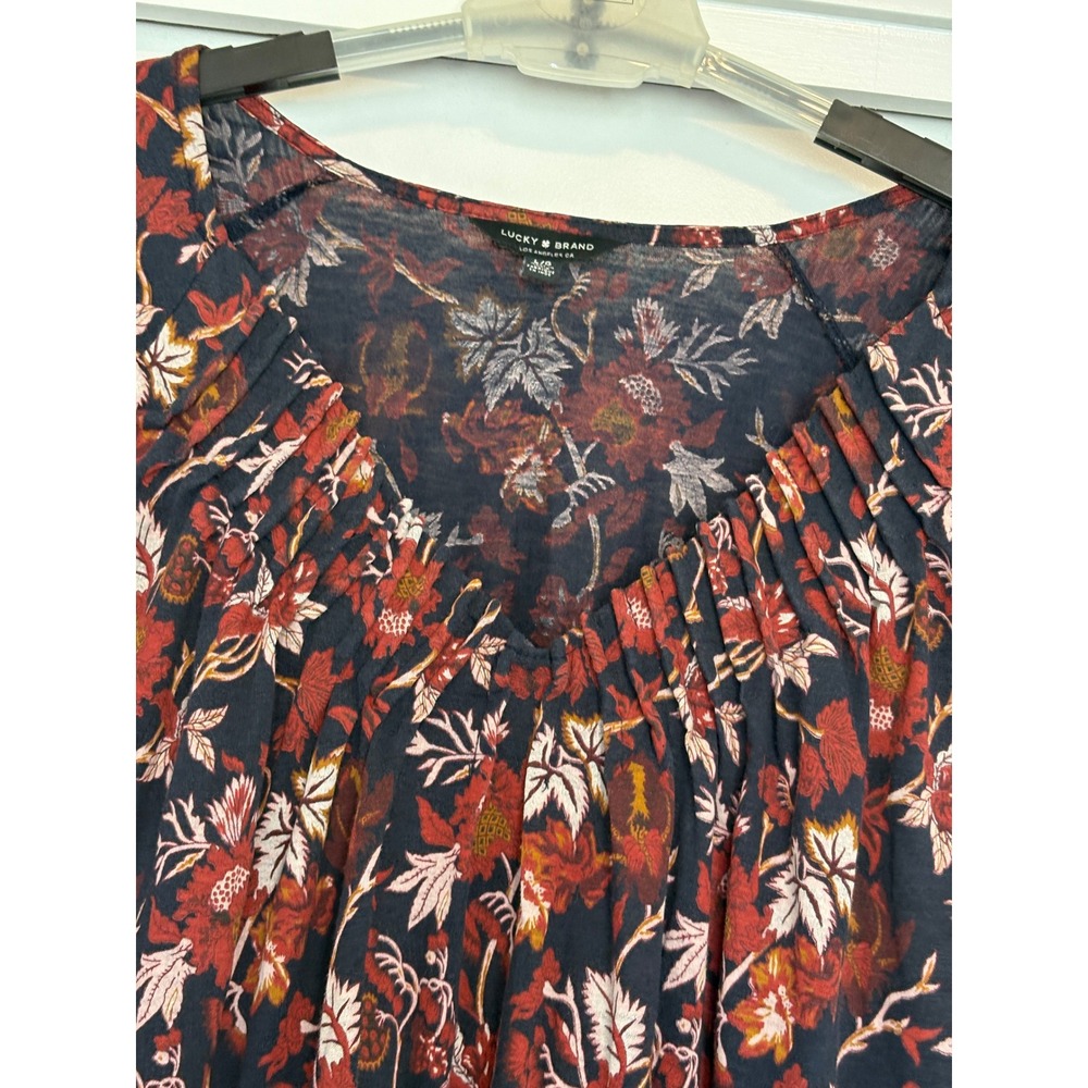 Lucky Brand Women Red Navy Floral Pleated V-Neck 3/4 Sleeve Cotton Modal Top L - Picture 5 of 11